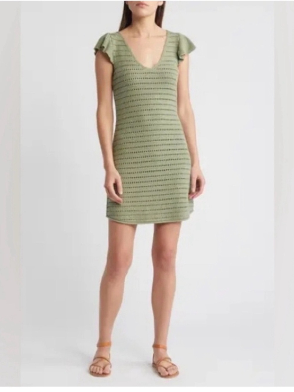 Treasure & Bond Olive Knit V-Neck Flutter Sleeve Mini Dress